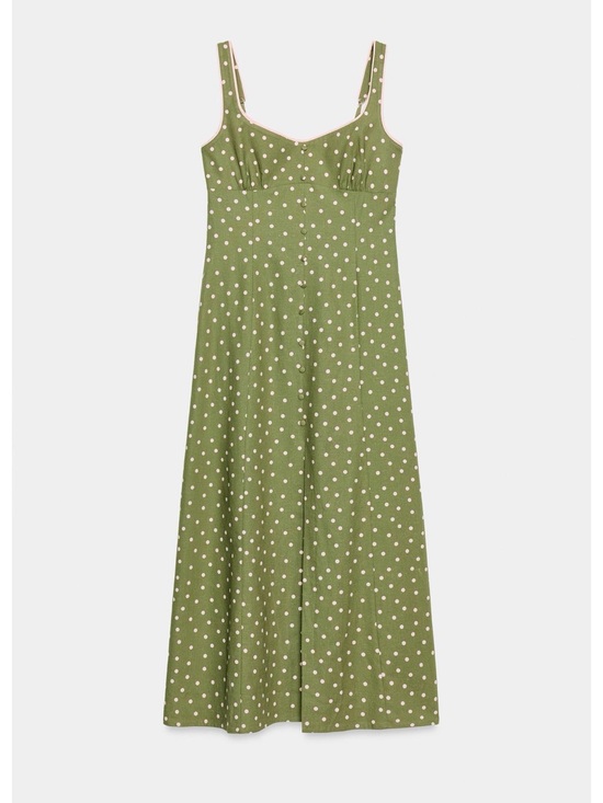Zara Dresses & Skirts - Linen Olive Green Polka Dot Midi Dress